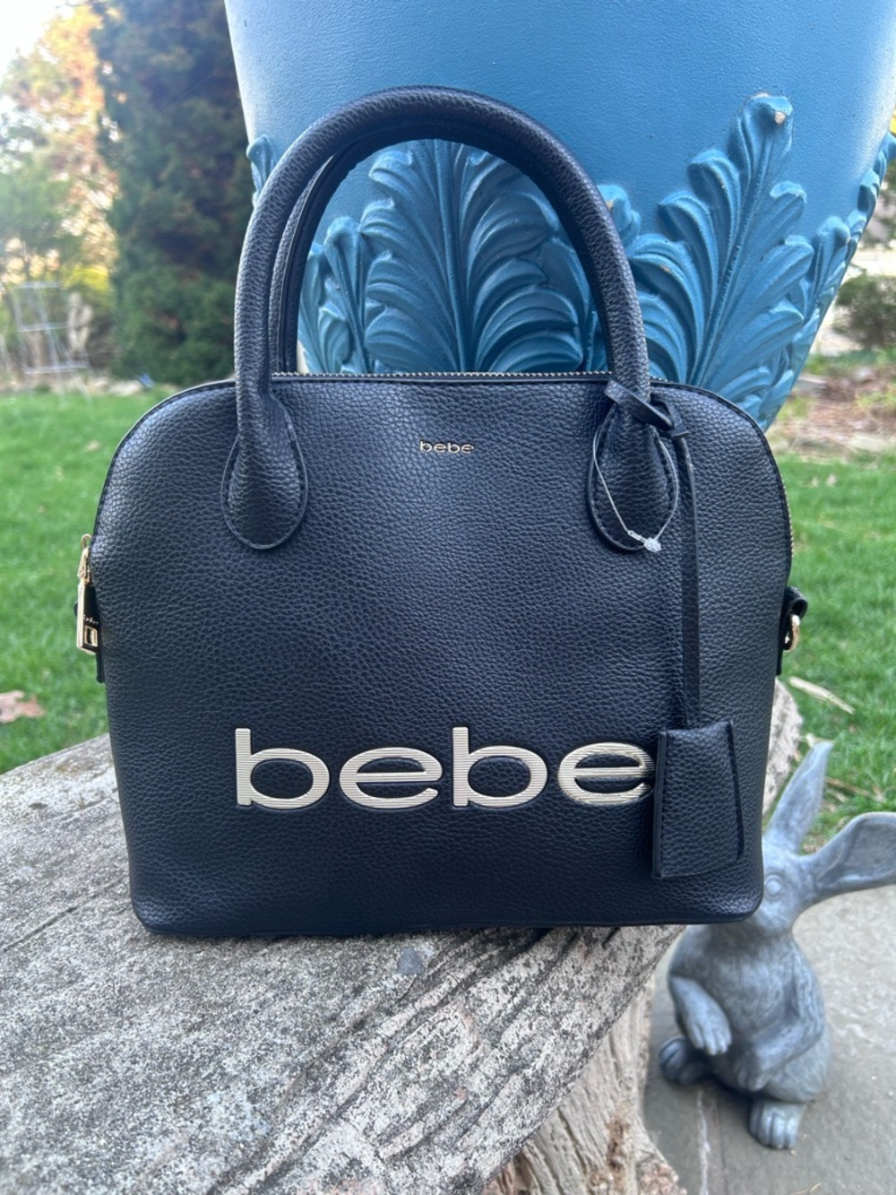 bebe Black Logo Dome Satchel with Gold Accents